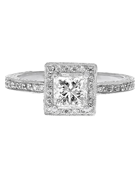 Diamond Square Halo Milgrain Accent Engagement Ring in Platinum